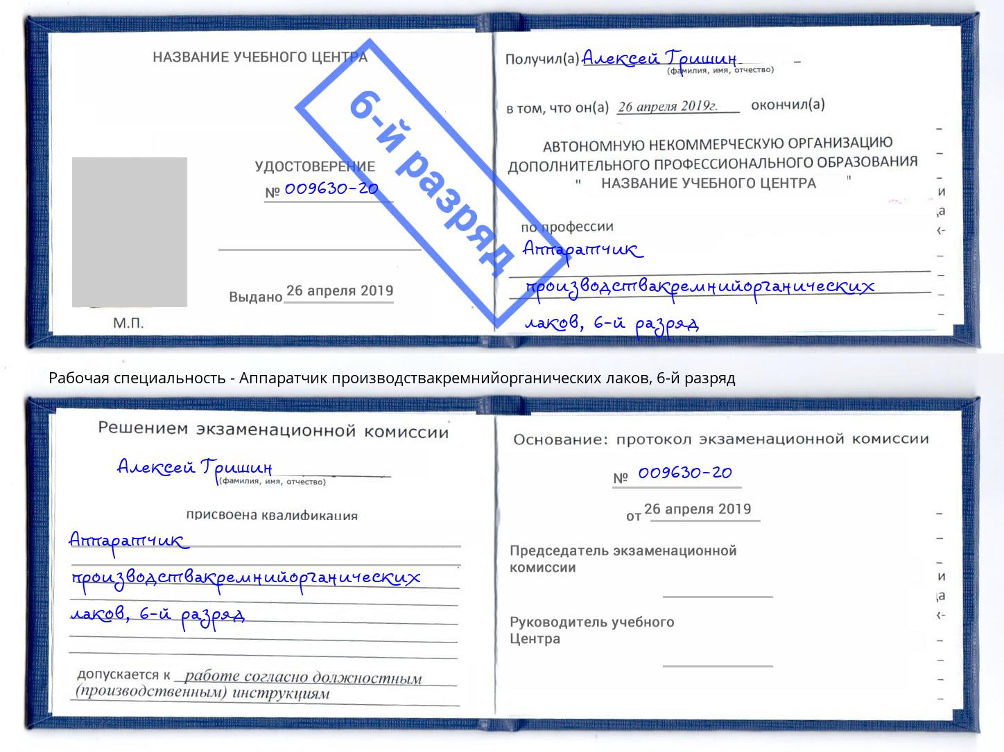 корочка 6-й разряд Аппаратчик производствакремнийорганических лаков Зеленоград