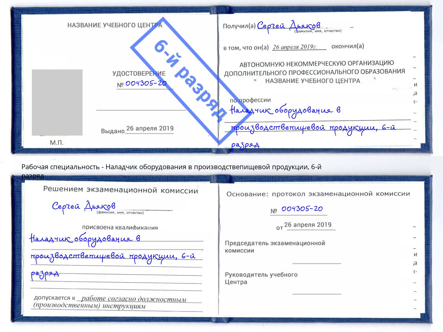 корочка 6-й разряд Наладчик оборудования в производствепищевой продукции Зеленоград
